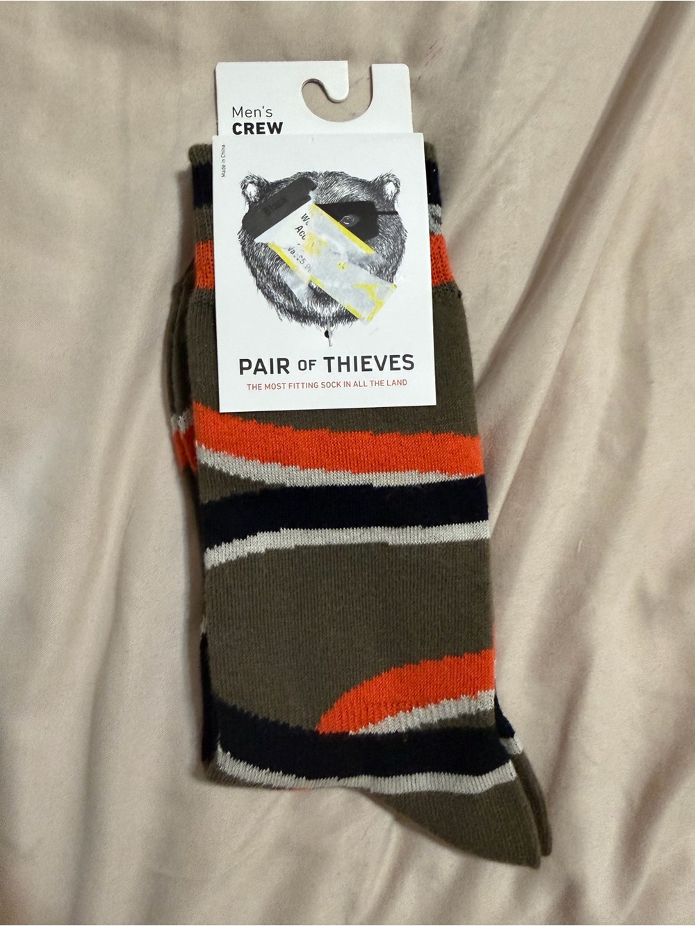 Pair of Thieves Men's Crew Socks in Olive with Orange & Black Stripes